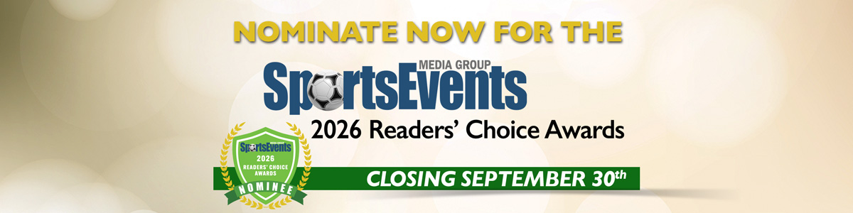 Promotional banner for SportsEvents 2026 Readers’ Choice Awards featuring a green and gold color scheme, a badge labeled 'Nominee,' and text encouraging nominations before the September 30th deadline. The word 'SportsEvents' includes a soccer ball replacing the letter 'o,' emphasizing the sports theme.