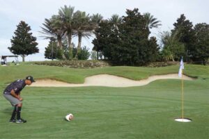 Most new footgolf players tend to have a background playing soccer, but "quickly learn to think like a golfer."