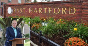 Michael Walsh Facebook photo/Town of East Hartford Facebook photo A collage of brick wall with the words "East Hartford" on it, as well as a photo of East Hartford Mayor Michael Walsh.