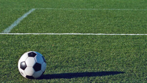 A soccer ball sitting on a soccer field. 