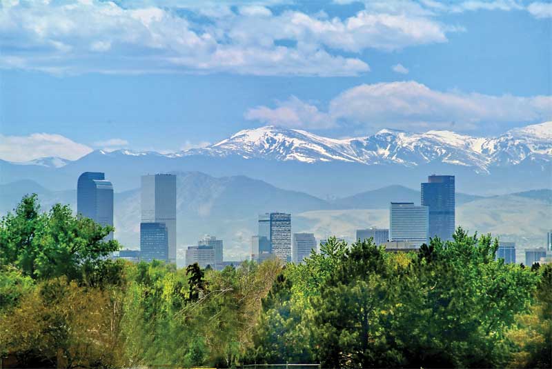 A skyline shot of Denver, Colo., particularly the Rocky Mountains. 