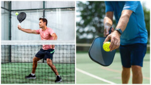 A collage of a padel player and a pickleball player.