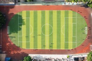 An overhead photo of a soccer field. 