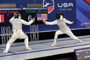 Carlotta Ferrari and Charlotte Koenig compete in Women’s Foil at the 2023 Summer Nationals & July Challenge at the Phoenix Convention Center.