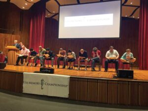 Courtesy USA Memory Championships Competitors assemble on stage at MIT's Kresge Auditorium.