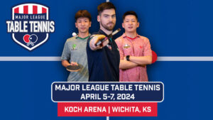 Several table tennis pose in a promotional photo for a Major League Table Tennis event in Wichita, Ks.,  