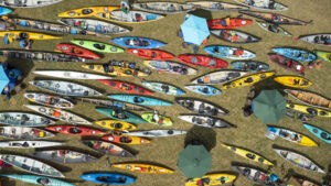 Photos by Anthony Rathbun/Courtesy of Buffalo Bayou Partnership A overhead view of kayaks before a race.
