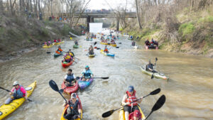 Anthony Rathbun/Courtesy Buffalo Bayou Partnership Paddlers competing in the Buffalo Bayou Partnering Regatta in Houston, Texas.