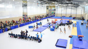 A gym during a gymnastics competition. 