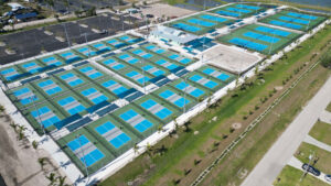 An overhead view of a racquet sport venue. 