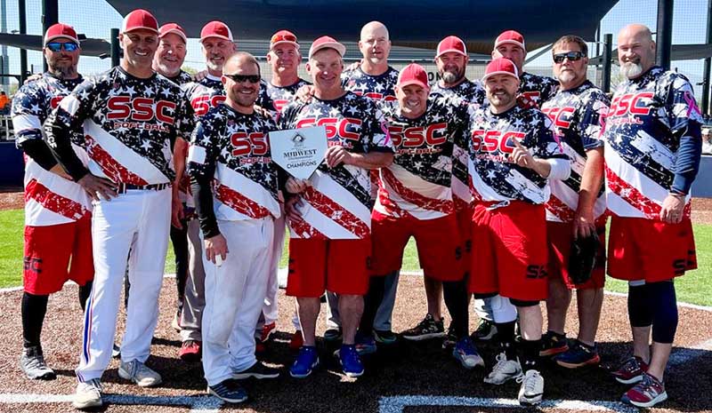 The team posing for The 2024 Midwest Champions-Senior Softball USA.