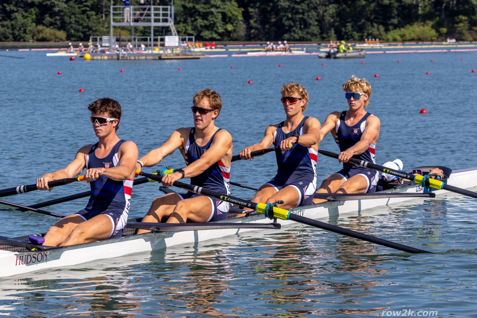 Athletes rowing on the river in Saint Catherines, Ontario, at the 2024 World Championships.