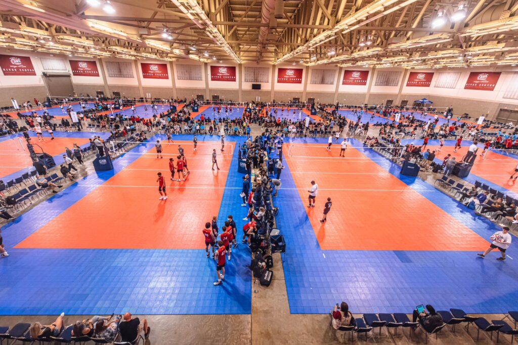 An aerial view of a volleyball tournament